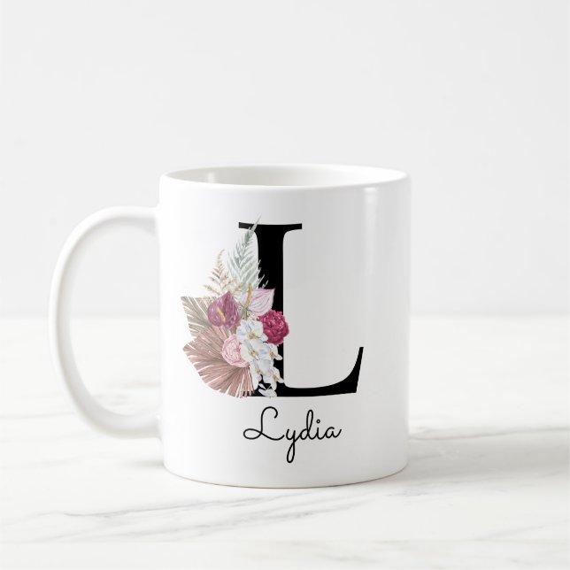 Monogrammed Pink Floral Initial L Coffee Mug (Left)
