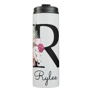 Monogrammed Pink Floral Initial R Thermal Tumbler