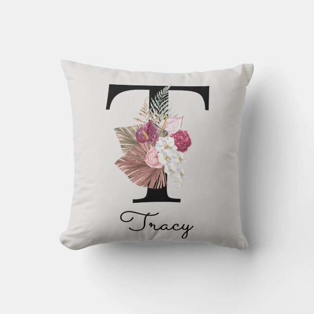 Monogrammed Pink Floral Initial T Cushion (Front)