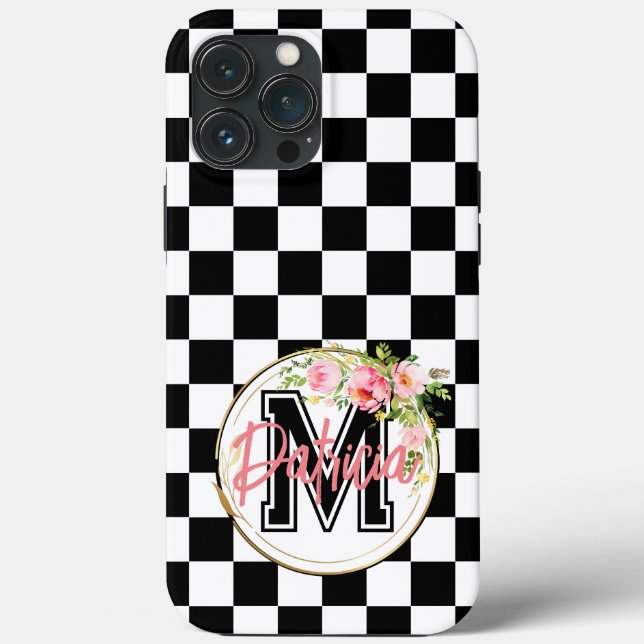 Monogrammed pink Flower black and white Chequered Case-Mate iPhone Case (Back)