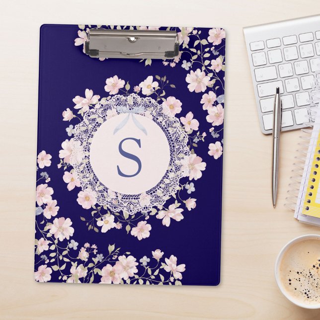 Monogrammed Pink Flowers and Lace Floral Clipboard (In situ)