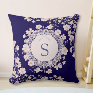 Monogrammed Pink Flowers and Lace Floral Cushion