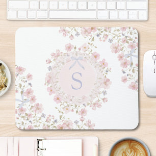 Monogrammed Pink Flowers and Lace Floral Mouse Mat