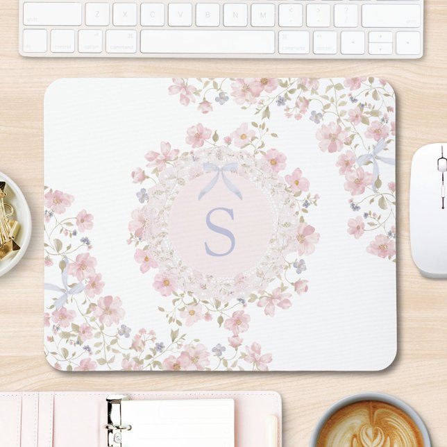 Monogrammed Pink Flowers and Lace Floral Mouse Mat (In situ)