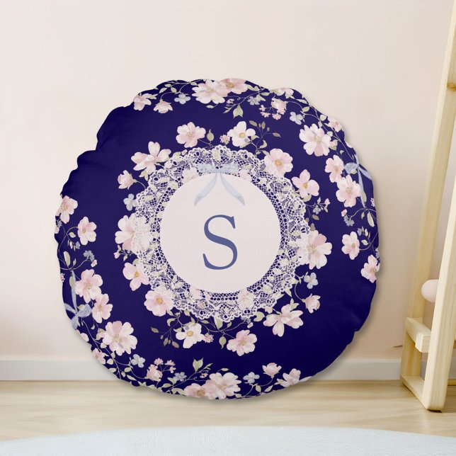 Monogrammed Pink Flowers and Lace Floral Round Cushion (In situ)
