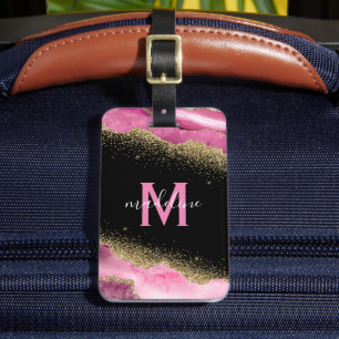 Monogrammed Pink Geode Agate Luggage Tag
