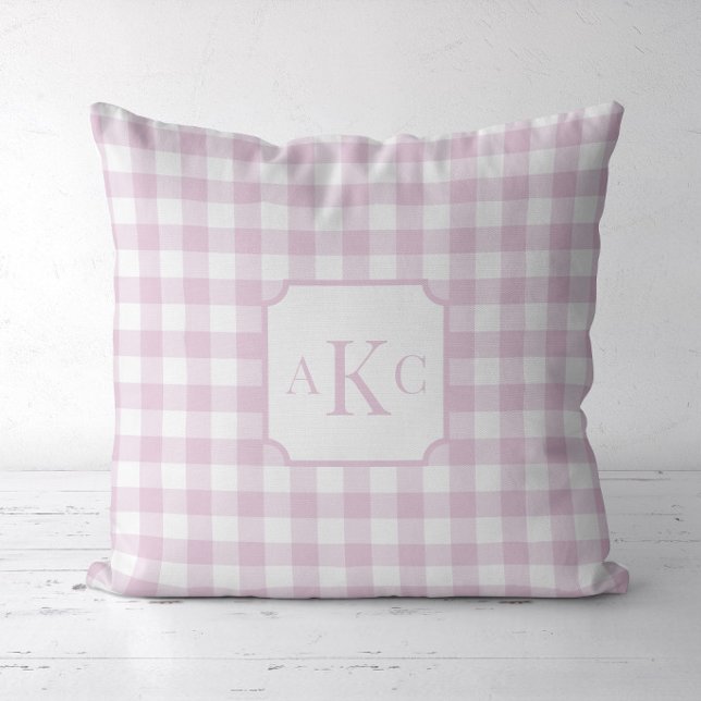 Monogrammed Pink Gingham Check  Cushion (Pink Gingham Check Monogram Pillow)