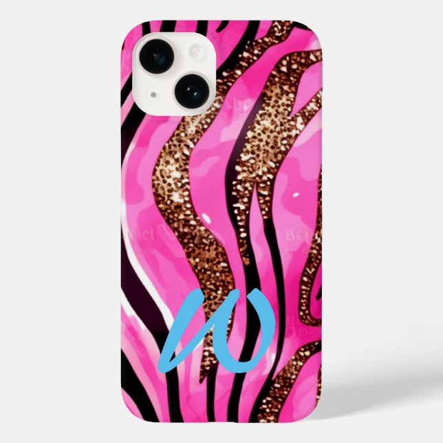 Monogrammed Pink Gold Agate Animal Glitter Case-Mate iPhone Case (Back)