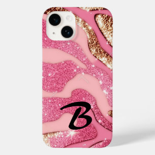 Monogrammed Pink Gold Agate Animal Glitter Case-Mate iPhone 14 Case