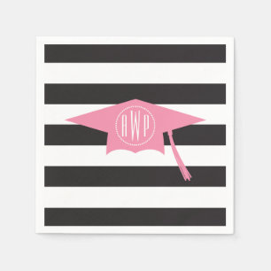 Monogrammed Pink Graduation Cap + Black Stripes Napkin