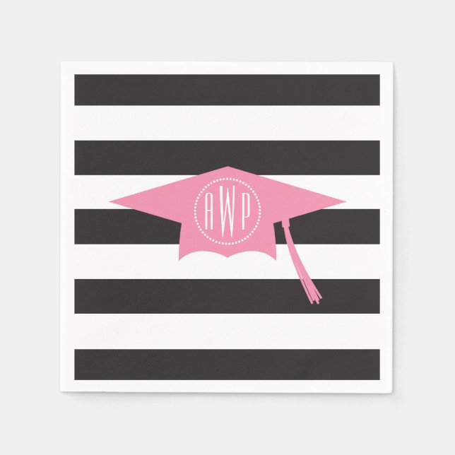 Monogrammed Pink Graduation Cap + Black Stripes Napkin (Front)
