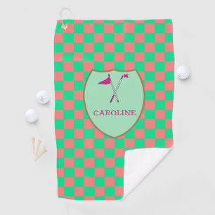Monogrammed Pink Green Checks & golf club & flag G Towel