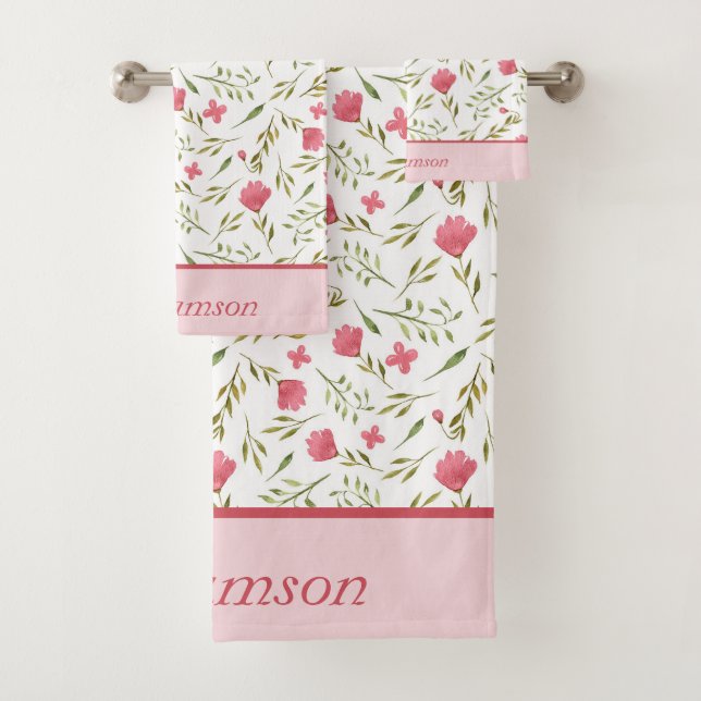 Monogrammed Pink Green Floral Bath Towel Set (Insitu)