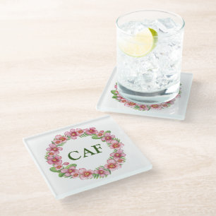 Monogrammed Pink Green Floral Wreath Glass Coaster