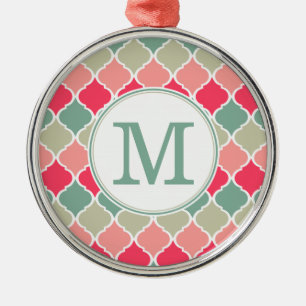 Monogrammed Pink Green Moroccan Lattice Pattern Metal Tree Decoration