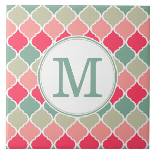 Monogrammed Pink Green Moroccan Lattice Pattern Tile