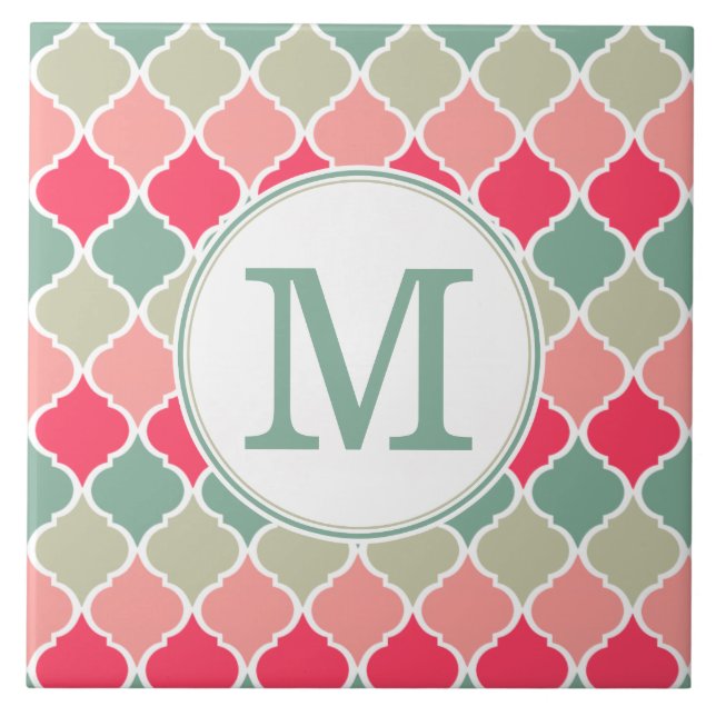 Monogrammed Pink Green Moroccan Lattice Pattern Tile (Front)