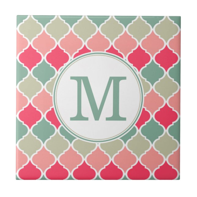 Monogrammed Pink Green Moroccan Lattice Pattern Tile (Front)