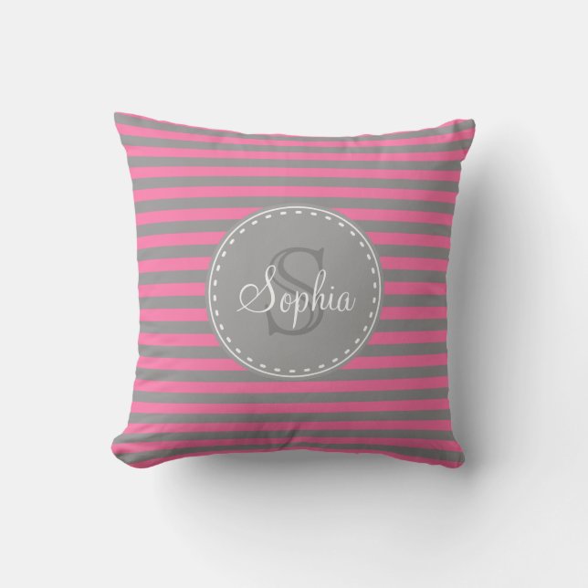 Monogrammed Pink Grey Striped Pattern Cushion (Front)