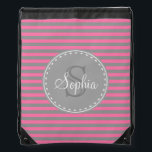 Monogrammed Pink Grey Striped Pattern Drawstring Bag<br><div class="desc">Chic,  girly,  trendy pink and grey stripe pattern background with a grey name and monogram template.  A cool,  modern,  personalised design that would make a cute and thoughtful gift.</div>