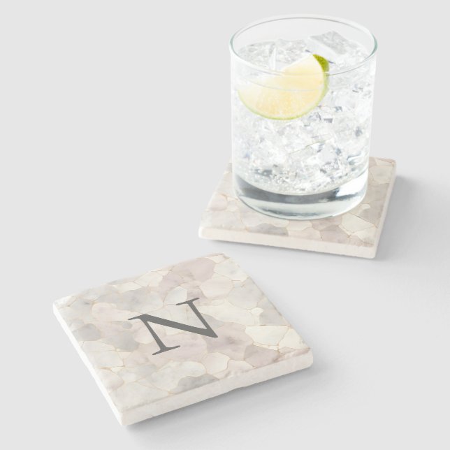 Monogrammed Pink Grey White Gold Marble Stone Coaster (Side)