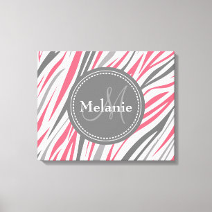 Monogrammed Pink & Grey Zebra Pattern Canvas Print