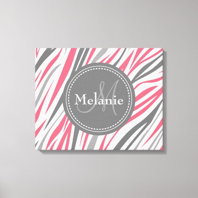 Monogrammed Pink & Grey Zebra Pattern Canvas Print (Front)