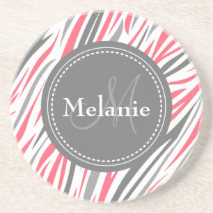 Monogrammed Pink & Grey Zebra Pattern Coaster
