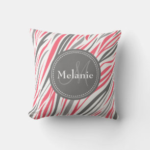 Monogrammed Pink & Grey Zebra Pattern Cushion