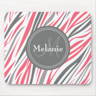 Monogrammed Pink & Grey Zebra Pattern Mouse Mat