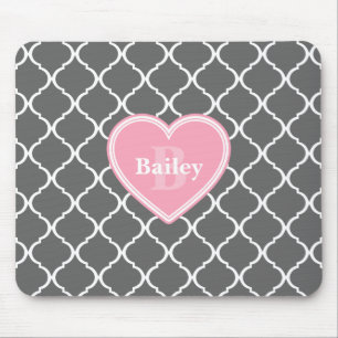 Monogrammed Pink Heart Grey Moroccan Lattice Mouse Mat