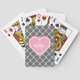 Monogrammed Pink Heart Grey Moroccan Lattice Playing Cards