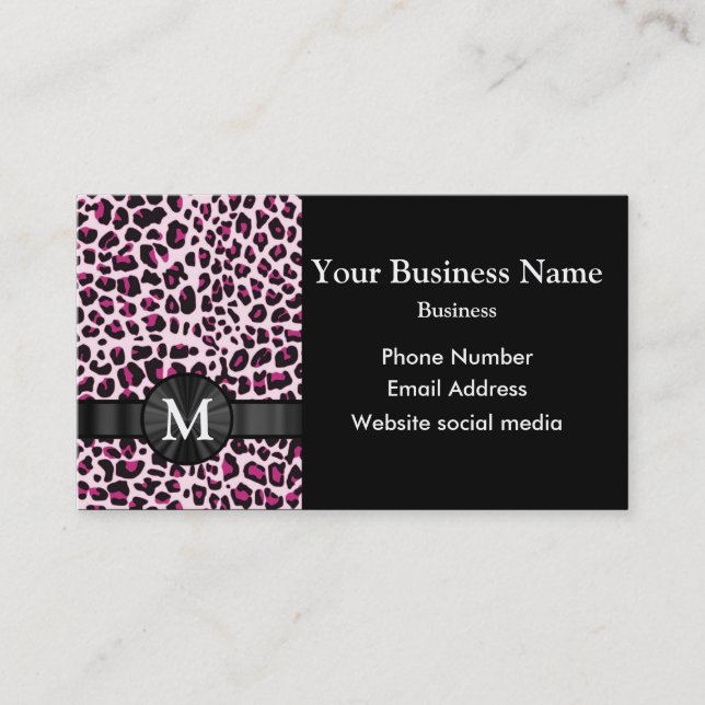 Monogrammed pink leopard print pattern business card (Front)
