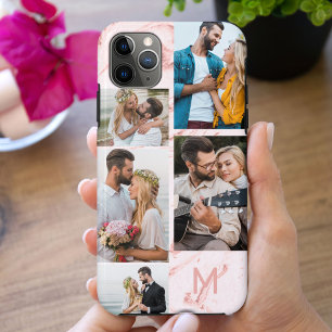 Monogrammed Pink Marble 5 Photo Collage iPhone 11 Pro Max Case