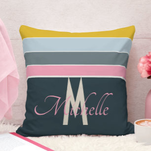 Monogrammed Pink & Navy Blue Teal Striped Cushion