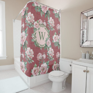 Monogrammed Pink Peony Watercolor Rusty Red Shower Curtain