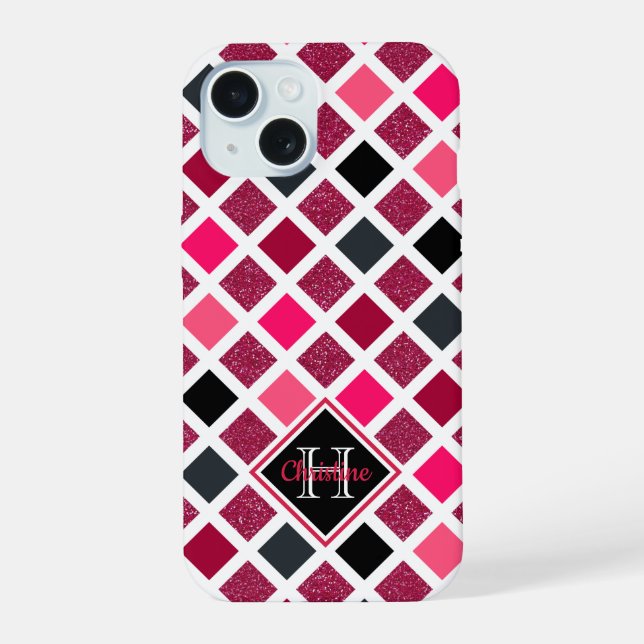 Monogrammed Pink Purple Girly Geometric Pattern iPhone 15 Case (Back)
