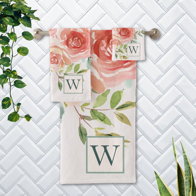 Monogrammed Pink Rose Flower Bouquet Bath Towel Set (In situ Bathroom wall)