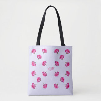 Monogrammed Pink Roses All-Over-Print Tote Bag