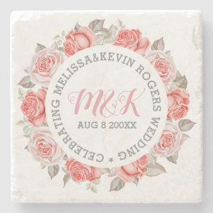 Monogrammed Pink Roses Wreath Wedding Template Stone Coaster
