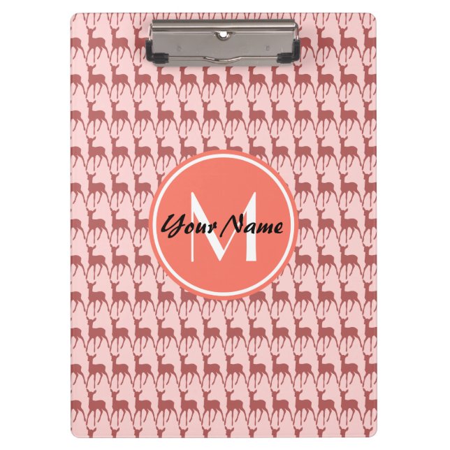 Monogrammed Pink Salmon Deer, Personalised Name Clipboard (Front)