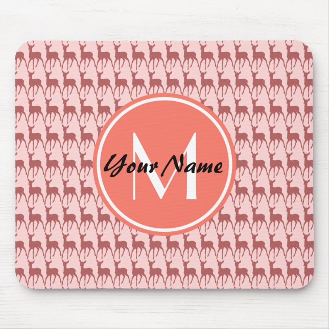 Monogrammed Pink Salmon Deer, Personalised Name Mouse Mat (Front)