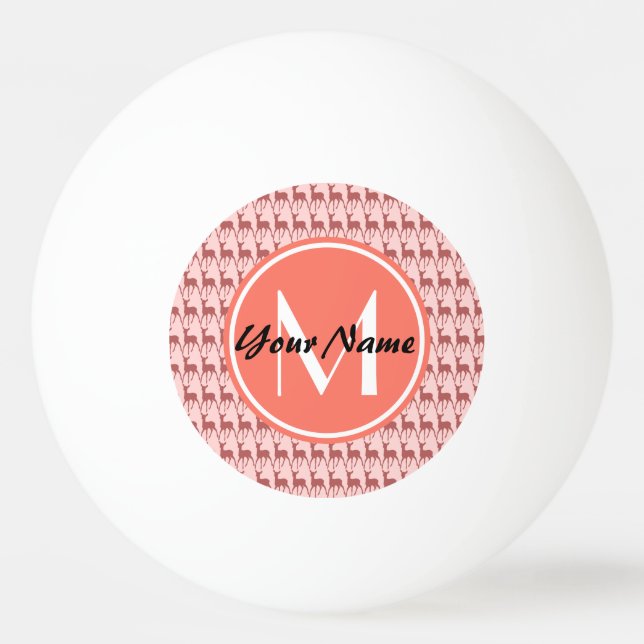 Monogrammed Pink Salmon Deer, Personalised Name Ping Pong Ball (Front)