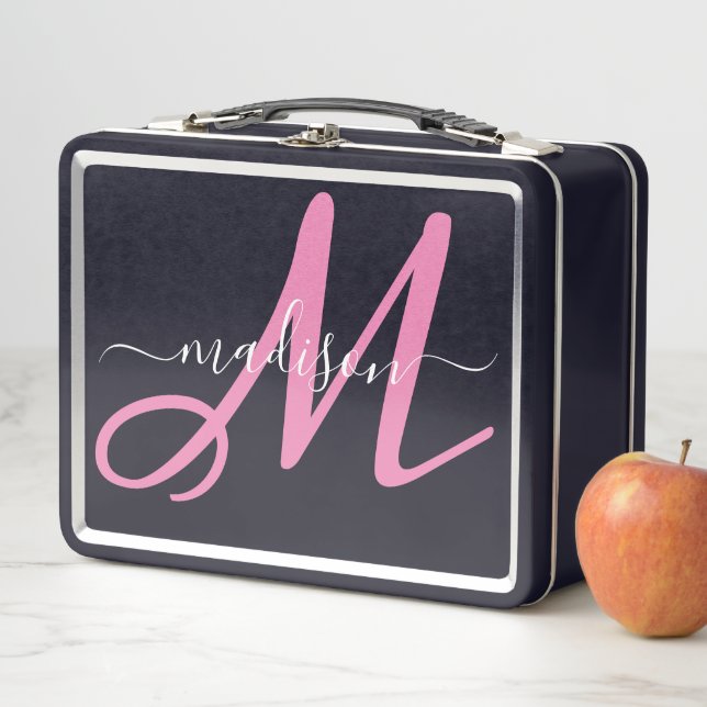 Monogrammed Pink Script Girl's Metal Lunch Box (In Situ)