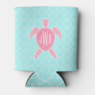 Monogrammed Pink Sea Turtle + Blue Quatrefoil Can Cooler