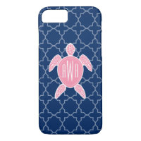 Monogrammed Pink Sea Turtle Blue Quatrefoil