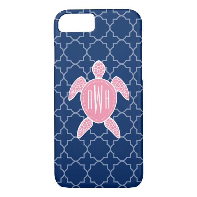 Monogrammed Pink Sea Turtle Blue Quatrefoil Case-Mate iPhone Case (Back)