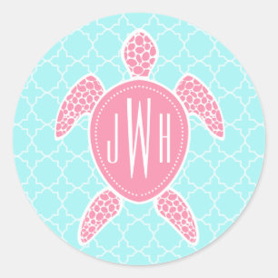 Monogrammed Pink Sea Turtle + Blue Quatrefoil Classic Round Sticker