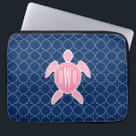Monogrammed Pink Sea Turtle Blue Quatrefoil Laptop Sleeve<br><div class="desc">A gift featuring an illustration of a pink sea turtle.  Personalise with your monogram on turtle's shell.  Background is navy blue quatrefoil pattern.</div>