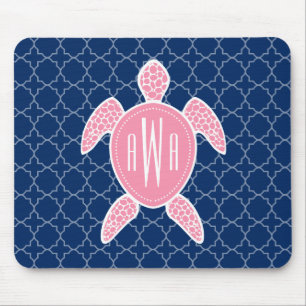 Monogrammed Pink Sea Turtle Blue Quatrefoil Mouse Mat